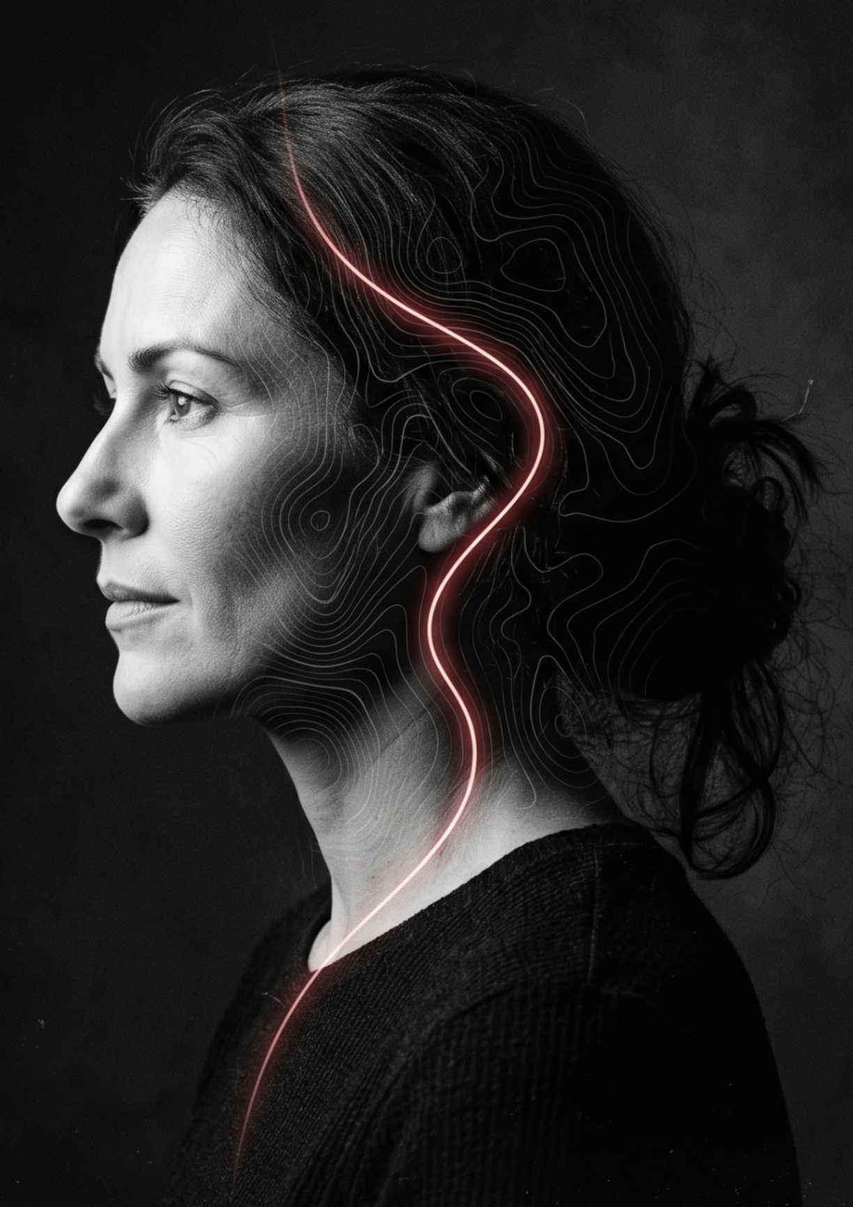 Portret vrouw in profiel, met contourlijnen
