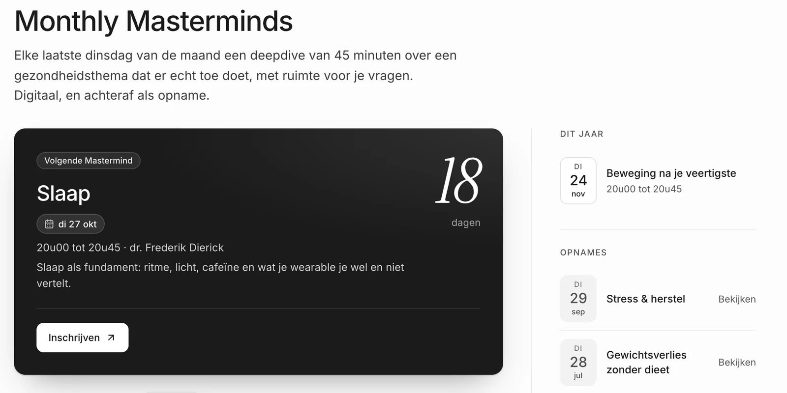 De volgende Monthly Masterminds-sessie over slaap, met opnames van eerdere sessies