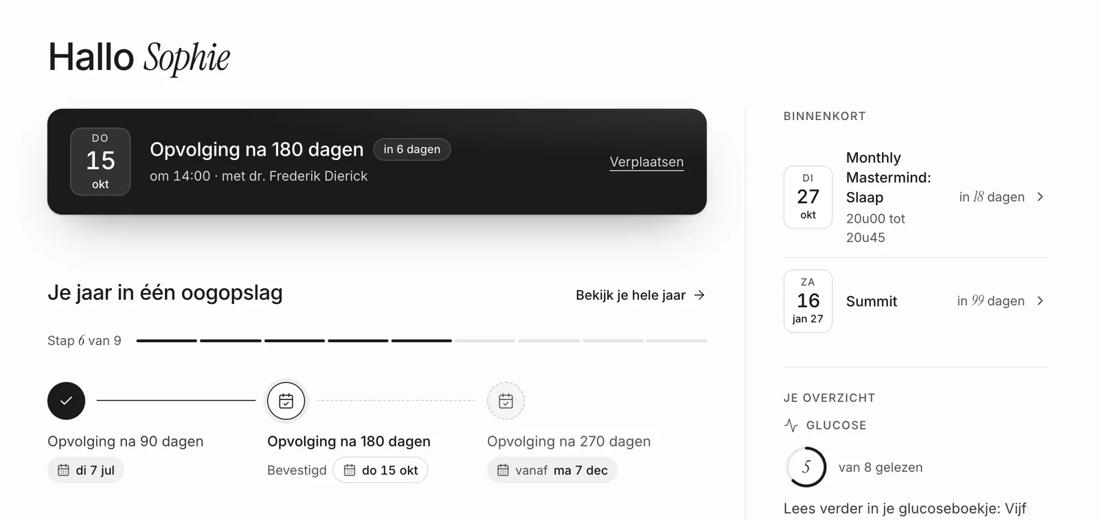 Het Healthiest-portaal: startscherm met je volgende gesprek, je jaar en je Mastermind